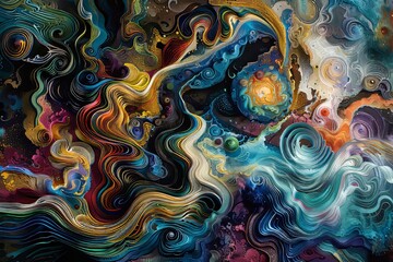 Poster - An abstract painting filled with colorful swirls and chaotic movements, creating a frenetic and dynamic composition
