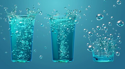 Poster - Flowing water with effervescent bubbles. Seawater fizzes randomly, soda drink design elements isolated on transparent background. 3D modern illustration in realistic style.