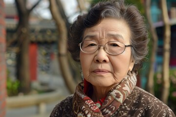 Poster - Portrait of a calm elderly asian woman with glasses and a patterned scarf, outdoors