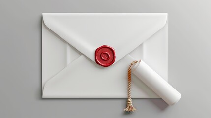 The envelope and scroll have a red wax border and rope template, demonstrating what the envelope looks like when it is closed. There is a blank closed paper cover and convoluted roll, which can be