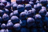 Fototapeta Pomosty - Bunch of blue grapes in focus. Fresh ripe vegan foods background