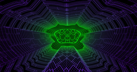 Wall Mural - Wire low poly frame of a futuristic corridor or tunnel, consisting of lines and polygons in neon color on a black background. vector illustration.