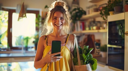 Sticker - Smiling Woman with Groceries and Phone