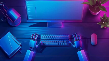 Poster - robot working on computer keyboard in top view. concept of ai bot chat. modern cartoon illustration 