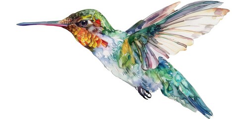 Wall Mural - Beautiful watercolor painting of a hummingbird in flight, perfect for nature enthusiasts and bird lovers