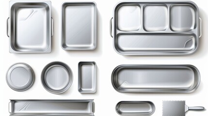 Top and front view of muffin and pizza trays, empty tin pans, white metal dishes for cooking, realistic 3D modern set of kitchen utensils, silver metal dishes for cooking.