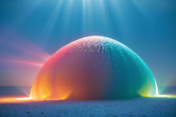 Wall Mural - a beautiful rainbow arcs across a colorful sky after a summer storm, casting a reflection on the cal