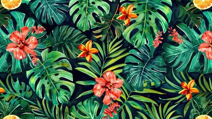 Wall Mural - Seamless watercolor pattern featuring tropical design elements including exotic flora and foliage hand painted