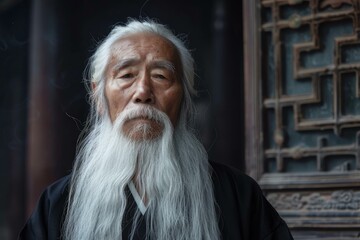 Sticker - Dignified elderly asian man with a long beard and traditional attire poses thoughtfully