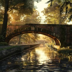 Wall Mural - AI generated illustration of a bridge over water surrounded by trees and a forest