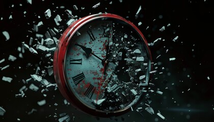 A clock with roman numerals and a red face is shattered into pieces. The clock is broken in half, with the hands pointing to the numbers 1 and 12. Concept of time running out