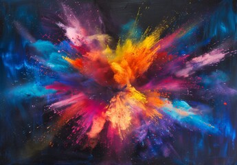 a colorful explosion of paint is splattered across a dark background. the colors are bright and vibr