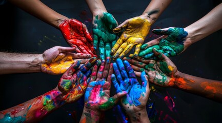 A group of people with their hands painted in different colors. Concept of unity and diversity, as each person's hand represents a unique color. The vibrant colors of the paint create a lively