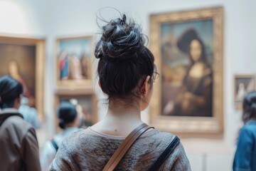 Wall Mural - A woman with a bun on her head is looking at a painting at a museum. She has a handbag on her shoulder. There are other people in the room, some of whom are looking at the same painting