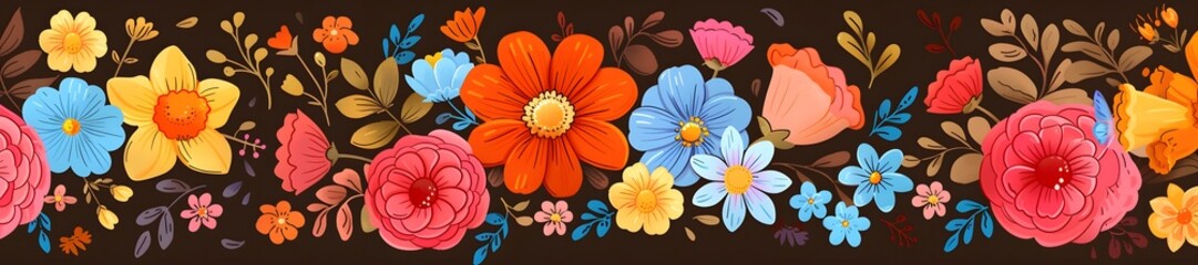 Wall Mural - A colorful floral border with a variety of flowers including rose daisies and tulips