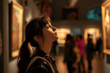 A woman is looking at a painting in a museum. She is wearing a black jacket and has her hair in a ponytail. There are other people in the room, some of whom are looking at the same painting