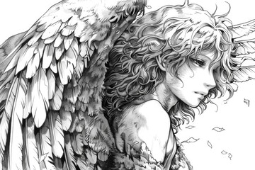 Wall Mural - Detailed drawing of a woman with wings on her head. Suitable for fantasy themed designs