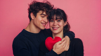 Wall Mural - A young romantic couple holds a red heart in their hands. Young boy and girl with symbol of love and friendship.