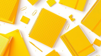 Poster - A modern realistic mockup of yellow paper notebooks with spiral wire binders and a line pattern isolated on white.