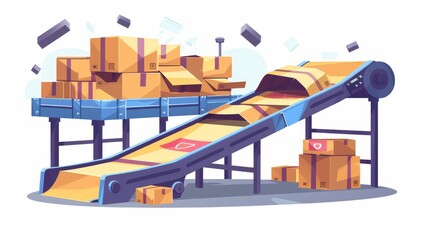 Aufkleber - Flowing cardboard boxes on a conveyor belt at a factory, plant, warehouse or post office. A production line with goods or products isolated on a white background.