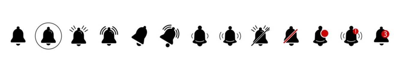 Poster - Set of notification bell icons. Symbol of alarm. Notification message. Call and notification for smartphone. Symbol of alarm. Anxiety. Vector illustration