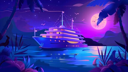 Wall Mural - Cartoon banner showing a night cruise on a sea liner, an invitation for booking tickets on a modern vessel traveling through the ocean, a voyage on a luxury sailboat at a tropical beach, and the