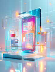Poster - a minimalist composition features a futuristic mobile phone displaying advanced digital payment opti