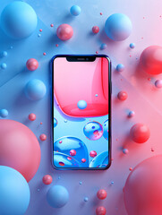 Poster - against a backdrop of minimalist color, a futuristic mobile phone screen showcases cutting-edge digi
