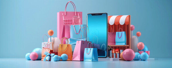 Poster - Against a clean, minimalist background, a 3D-rendered smartphone showcases an advanced online shopping platform, with digital payment methods integrated seamlessly. The futuristic aesthetic and