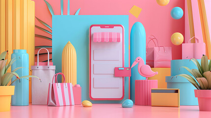 Poster - Amidst a backdrop of minimalist colors, a 3D-rendered mobile phone presents digital payment interfaces for online shopping, while a hand reaches out to complete the transaction. This futuristic