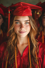 Wall Mural - Portrait of graduate girl wearing red cap and gown. Education and graduation theme.