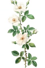 Wall Mural - A white flower with green leaves is shown in a drawing. The flower is surrounded by green leaves and has a yellow center