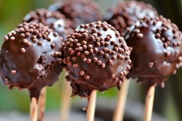 Canvas Print - Closeup of delectable cake pops coated with chocolate and sprinkles on wooden sticks