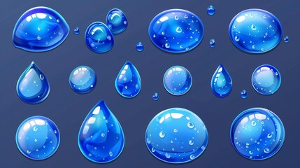 Poster - Set of modern realistic icons of liquid droplets and ultra spheres, clean and pure rain drips, and shiny round dews isolated on transparent backgrounds.
