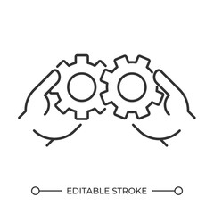 Sticker - Collaboration linear icon. Hands holding gears. Symbol of teamwork and collective work. Process optimization. Thin line illustration. Contour symbol. Vector outline drawing. Editable stroke