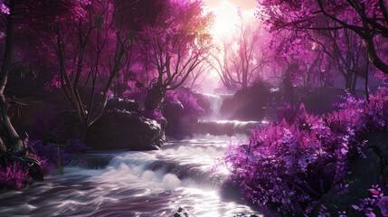 Wall Mural - A scene featuring bright sunlit areas a flowing river and a purple hued forest