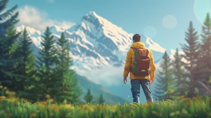Wall Mural - Mountain horizon with hiker in forest