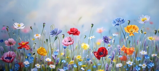 Wall Mural - A painting of a field of flowers with a blue sky in the background. The flowers are of various colors, including red, blue, and yellow. The painting conveys a sense of peace and tranquility