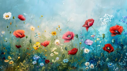 Wall Mural - A painting of a field of flowers with a blue sky in the background. The flowers are of various colors, including red, blue, and yellow. The painting conveys a sense of peace and tranquility