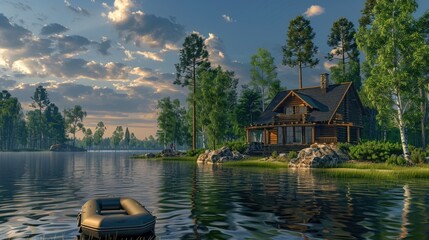 Country retreat by the lake surrounded by trees with an inflatable boat docked nearby Hunting lodge in the woods A rural haven amid nature s beauty perfect for unwinding in the spring