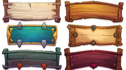 Wall Mural - Scrolls and antique parchments and wooden boards from ancient games. Cartoon menu interface with wood textured planks, GUI graphic design elements. Isolated 2D user panel with settings, options and