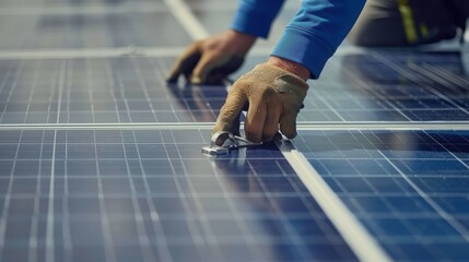 Wall Mural - AI generated illustration of a skilled technician's hands using tools to secure solar panels