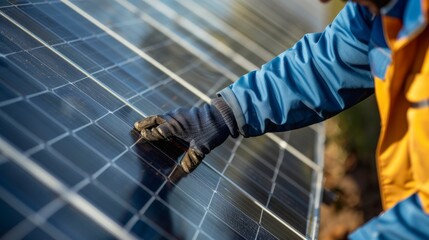 Wall Mural - AI generated illustration of a close-up of a technician's hands expertly installing solar panels