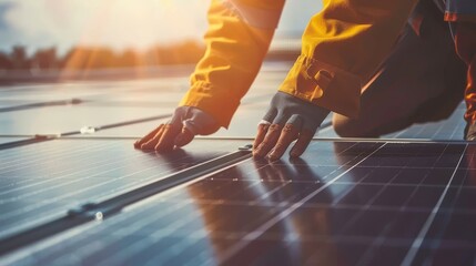 Wall Mural - AI generated illustration of a technician in action during a sunset, installing solar panels