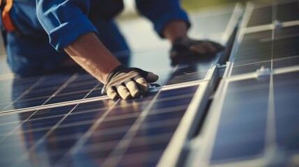 Wall Mural - AI generated illustration of a technician in blue attire securely installs solar panels on a rooftop