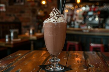 Wall Mural - Rich chocolate milkshake topped with whipped cream in a tall glass set on a wooden table