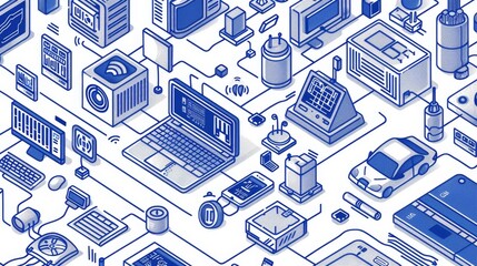 Poster - Website for a business management system using an isometric layout, building automation, automated home systems, and 3D modern line art banners.