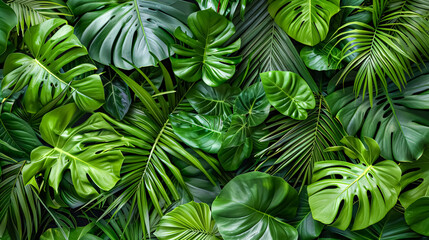 Wall Mural - Background of green tropical leaves. Flat lay, top view, copy space