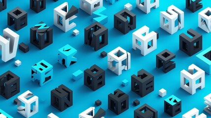 Leinwandbilder - Modern illustration in line art style of a seamless pattern with isometric font and geometric 3d type. Black and white typeface letters on blue background.