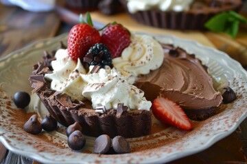 Sticker - Luscious chocolate tart adorned with whipped cream, strawberries, and blackberries, ready to be enjoyed